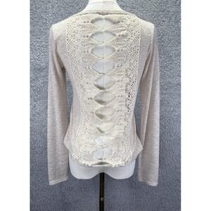 I.Joah Beige Long Sleeve Top Crochet Open Back Neutral Minimalist Boho Womens